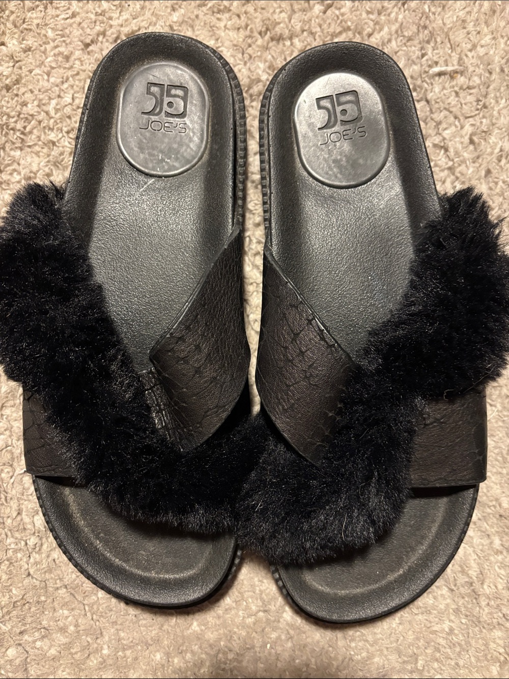 Joe's Black Faux-Fur Crossband Slide Sandals women’s size 8 so nice